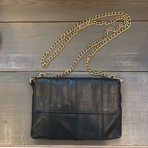 Foley+Corinna Black Leather Clutch with removable gold chain cross body strap